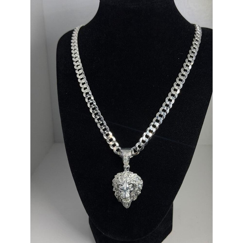 Italian 925 Sterling Silver Lion Head Pendant Cuban Link Chain Necklace 21 In